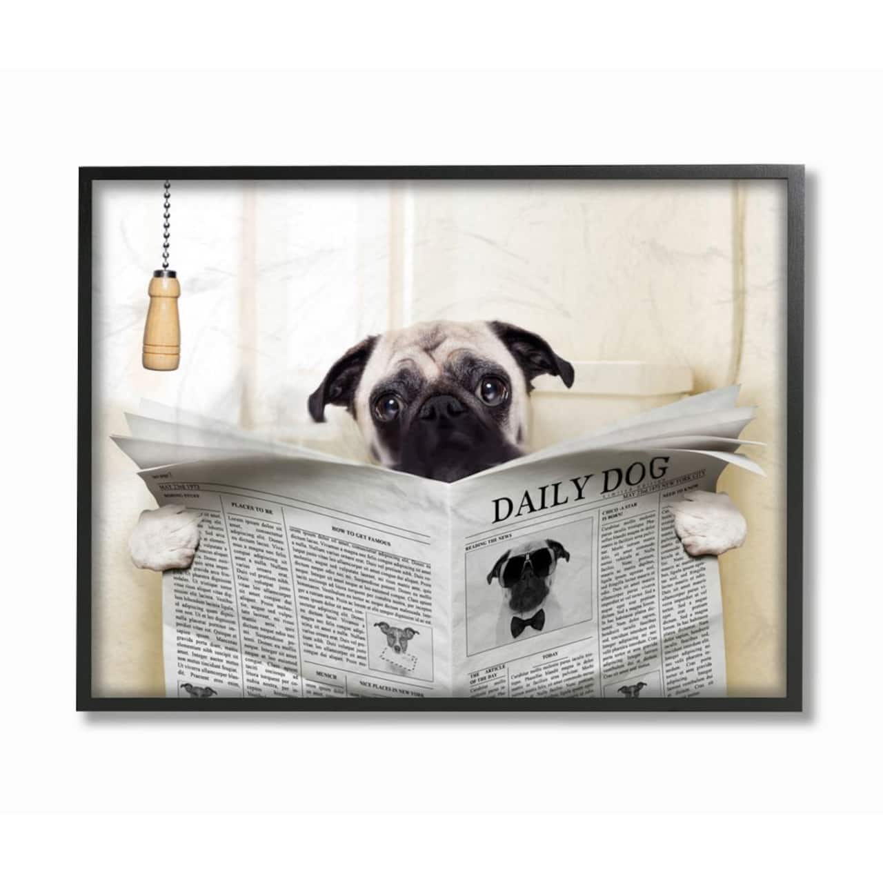Stupell Industries Pug Reading Newspaper in Bathroom Wall Art in Black Frame